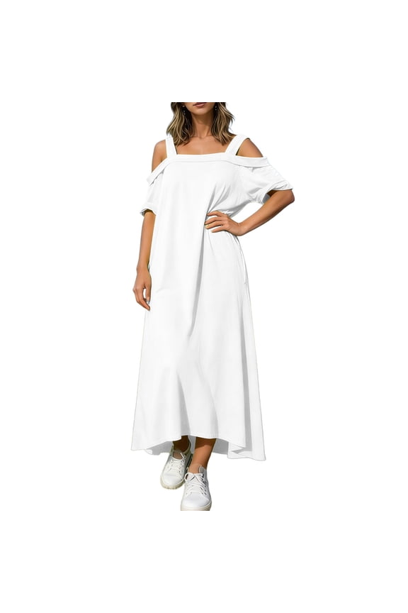 Women's Cold Shoulder Short Sleeve T Shirt Dress Plus Size Summer Cold Shoulder Solid Long Maxi Dresses