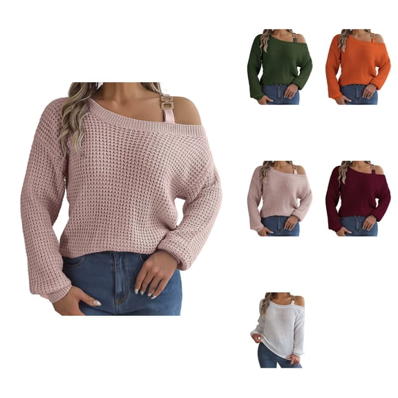 Women's Cold Shoulder Sweater with Metal Buckle Strap, Long Sleeve Cable Knit Pullover Top