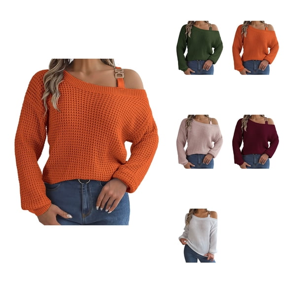 Women's Cold Shoulder Sweater with Metal Buckle Strap, Long Sleeve Cable Knit Pullover Top