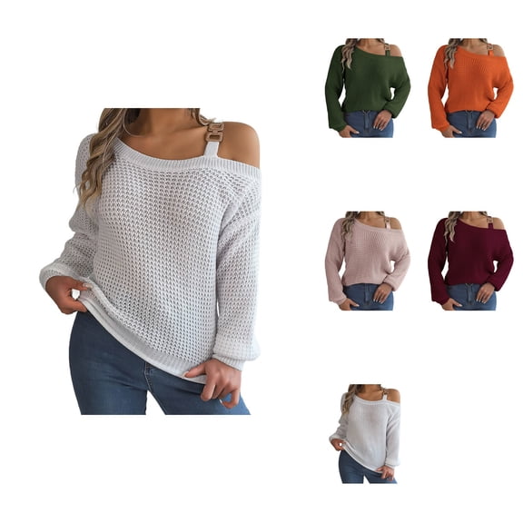 Women's Cold Shoulder Sweater with Metal Buckle Strap, Long Sleeve Cable Knit Pullover Top