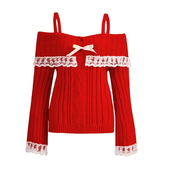 Women's Cold Shoulder Sweaters Long Sleeve Contrast Lace Knit Pullovers Bow Front Jumper Tops