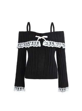 Dasivrry Women's Cold Shoulder Cable Knit Sweater - Long Sleeve Crew Neck Pullover, Black, Size Small