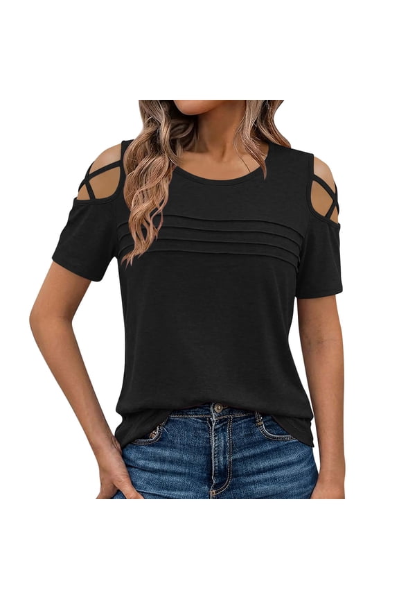 Women's Cold Shoulder Tops Crewneck Short Sleeve T-Shirt with Cutout Cross Strap and Pleated Chest Detail Casual Summer Top Black 2XL