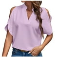 thumbnail image 1 of Women's Cold Shoulder Tops Dressy Summer Fashion Short Sleeve V Neck Casual Loose Solid Color Blouse Shirts (Purple M), 1 of 3