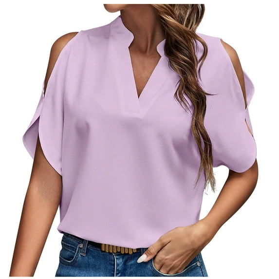 Women's Cold Shoulder Tops Dressy Summer Fashion Short Sleeve V Neck Casual Loose Solid Color Blouse Shirts (Purple M)