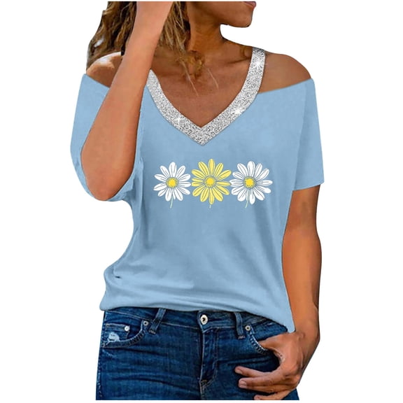 Women's Cold Shoulder Tops Glitter V Neck Short Sleeve T-shirts Daisy Flower Print Cute Summer Clothes (3XL, Light Blue 02)
