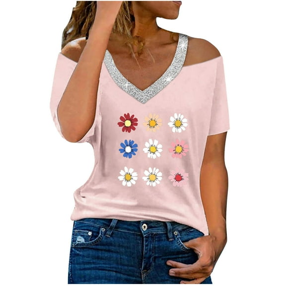 Women's Cold Shoulder Tops Glitter V Neck Short Sleeve T-shirts Daisy Flower Print Cute Summer Clothes (L, Pink 03)