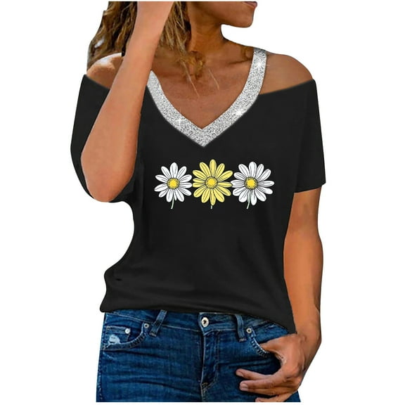 Women's Cold Shoulder Tops Glitter V Neck Short Sleeve T-shirts Daisy Flower Print Cute Summer Clothes (M, Black 02)
