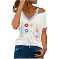 thumbnail image 1 of Women's Cold Shoulder Tops Glitter V Neck Short Sleeve T-shirts Daisy Flower Print Cute Summer Clothes (XL, White 03), 1 of 5