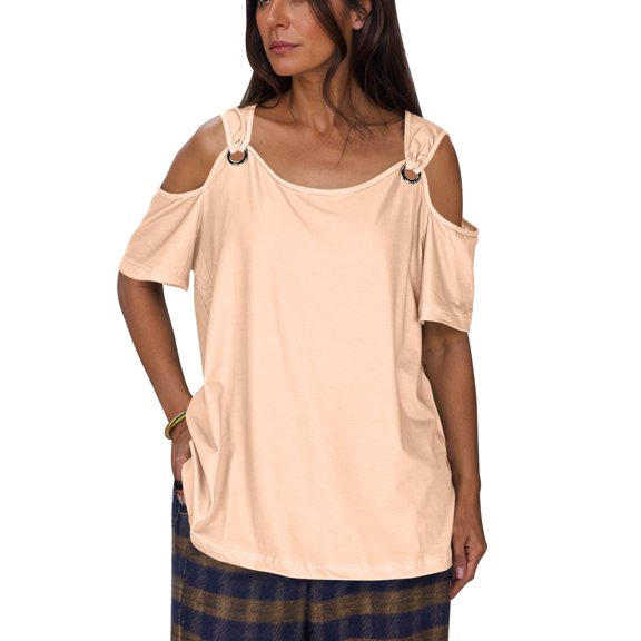 Women's Cold Shoulder Tops Short Sleeve V Neck T Shirts Basic Summer Tees Beige XXL