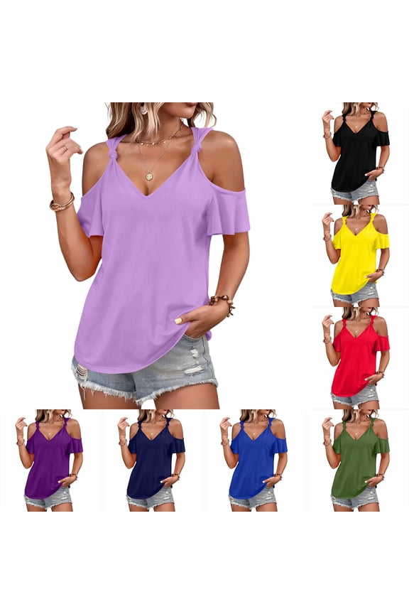 Women's Cold Shoulder Tops Short Sleeve V Neck T Shirts Basic Summer Tees Blue XL