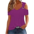 thumbnail image 1 of Women's Cold Shoulder Tops Short Sleeve V Neck T Shirts Basic Summer Tees Purple,L, 1 of 6