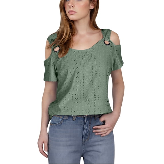 Women's Cold Shoulder Tops Short Sleeve V Neck T Shirts Cute Solid Basic Summer Tees