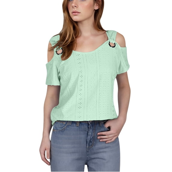 Women's Cold Shoulder Tops Short Sleeve V Neck T Shirts Cute Solid Basic Summer Tees