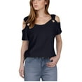 thumbnail image 1 of Women's Cold Shoulder Tops V Neck Solid Color Shirts Eyelet Embroidered Short Sleeve Tees Basic Summer Blouses (2XL, Navy), 1 of 7