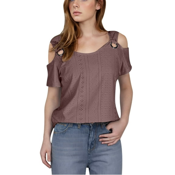 Women's Cold Shoulder Tops V Neck Solid Color Shirts Eyelet Embroidered Short Sleeve Tees Basic Summer Blouses (XL, Purple)