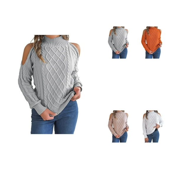 Women's Cold Shoulder Turtleneck Sweaters, Long Sleeve Soft Cable Knit Pullovers, Fall Winter Sexy Jumper Tops