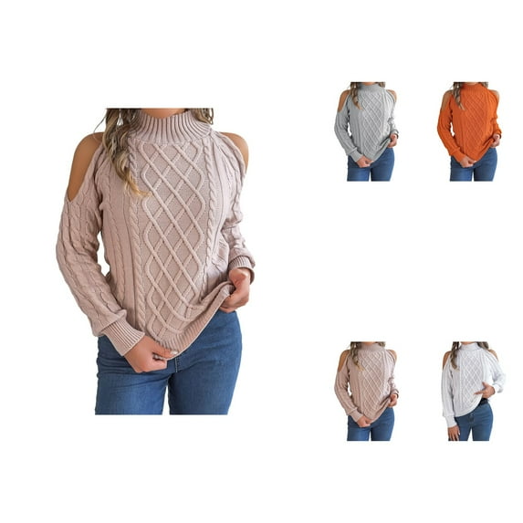 Women's Cold Shoulder Turtleneck Sweaters, Long Sleeve Soft Cable Knit Pullovers, Fall Winter Sexy Jumper Tops