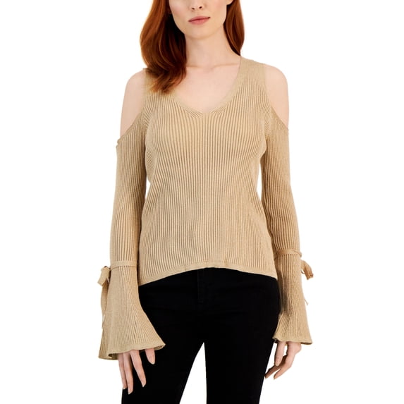 Women's Cold-Shoulder V-Neck Sweater Gold XS
