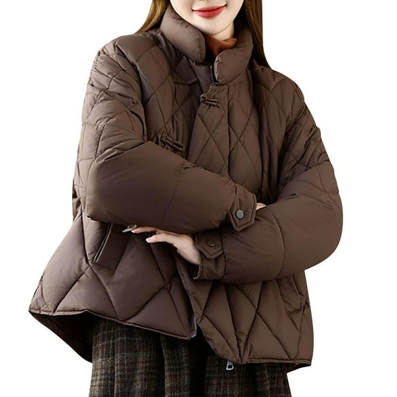 Women's Cold Weather Plus Size Puffer Jacket Casual Colored Long-Sleeved Hooded Jacket Packable Puffer Jacket(Coffee XL)