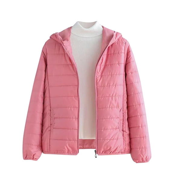 Women's Cold Weather Plus Size Puffer Jacket Comfortable and Casual Loose Pocket Long Sleeved T-Shirt Solid Zipper Hooded Jacket Packable Puffer Jacket(Watermelon Red 2XL)