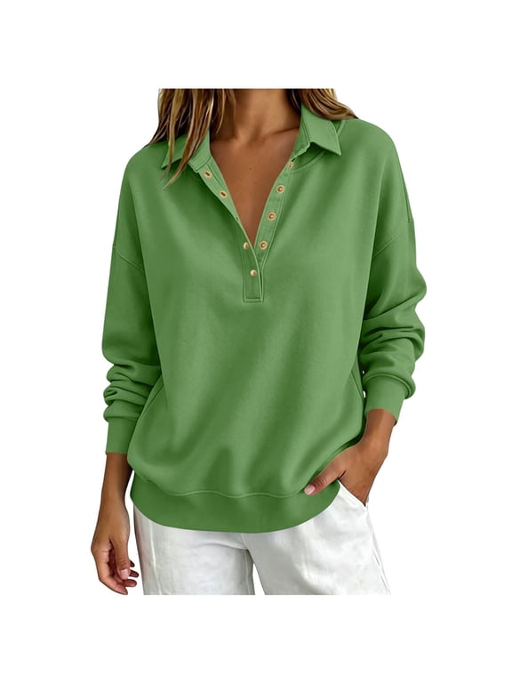 Women's Collar Long Sleeve Sweatshirt, Fall Winter Button V-Neck Sweatshirt, Oversized Soft Comfy Long Sleeve Pullover Shirt for Streetwear Daily Work