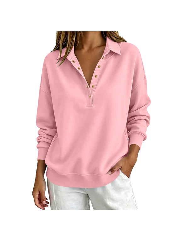 Women's Collar Long Sleeve Sweatshirt, Fall Winter Button V-Neck Sweatshirt, Oversized Soft Comfy Long Sleeve Pullover Shirt for Streetwear Daily Work