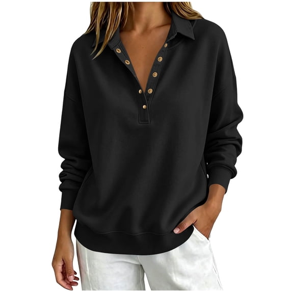 Women's Collar Long Sleeve Sweatshirt, Fall Winter Button V-Neck Sweatshirt, Oversized Soft Comfy Long Sleeve Pullover Shirt for Streetwear Daily Work
