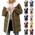 thumbnail image 1 of Women's Collar Mid-Length Puffer Coat,Fleece Lined Warm Winter Parka,Pockets Detachable Hat,Oversized Quilted Thick Padded Hooded Jacket with Button and Zip Closure, 1 of 6