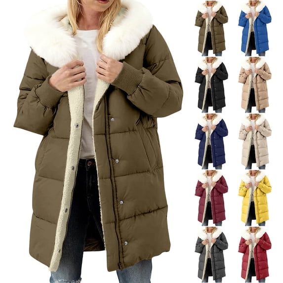 Women's Collar Mid-Length Puffer Coat,Fleece Lined Warm Winter Parka,Pockets Detachable Hat,Oversized Quilted Thick Padded Hooded Jacket with Button and Zip Closure