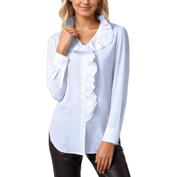Women's Collar Neck Button Down Ruffle Front Long Sleeve Blouse Shirt Top White XL