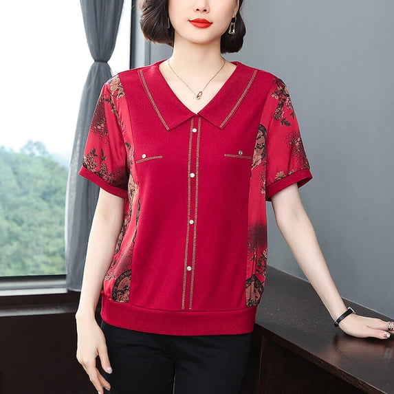 Women's Collar Patchwork Pattern Fashion T-Shirt Blouse