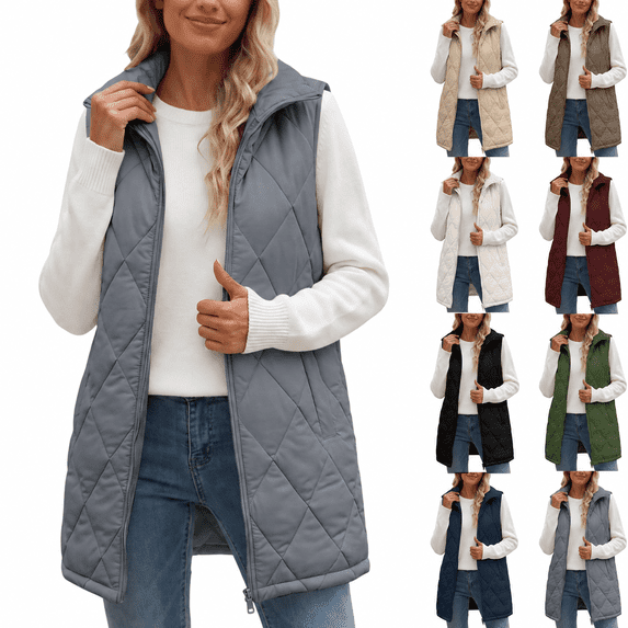 Women's Collar Quilted Vest Casual Sleeveless Zip Up Jackets Lightweight Puffer Coat with Side Pockets for Fall Winter