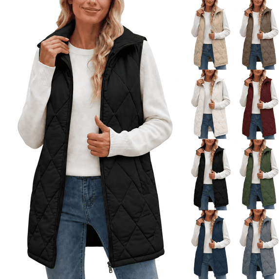 Women's Collar Quilted Vest Casual Sleeveless Zip Up Jackets Lightweight Puffer Coat with Side Pockets for Fall Winter