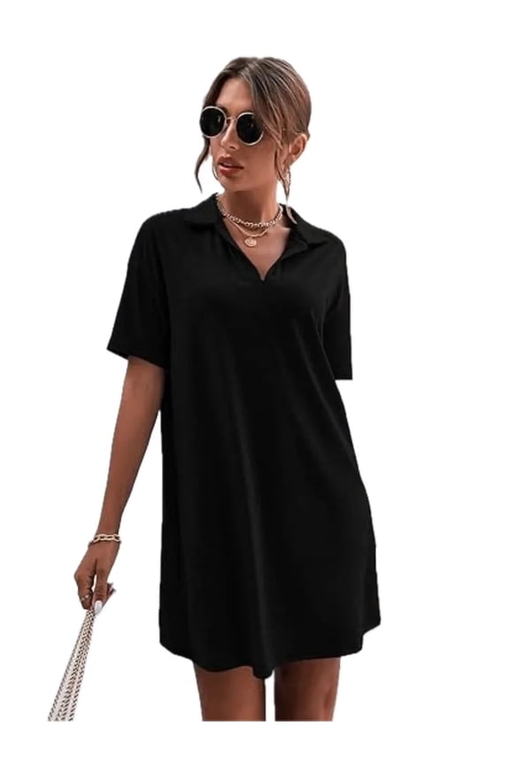 Women's Collar Short Sleeve Polo Dress with sixty percent polyester thirty five percent cotton five percent spandex