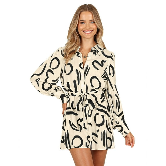Women's Collar V Neck Button Down Long Sleeve Mini Shirt Dress with Belt