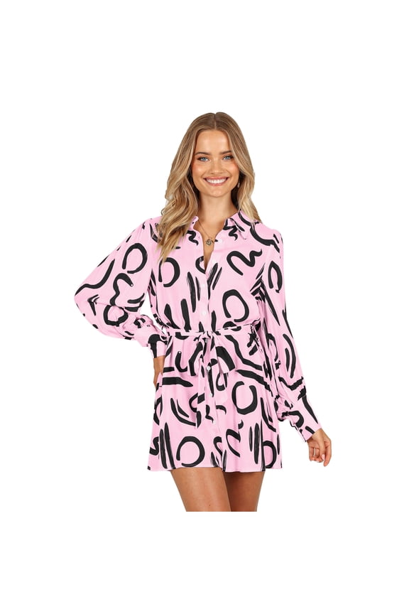 Women's Collar V Neck Button Down Long Sleeve Mini Shirt Dress with Belt