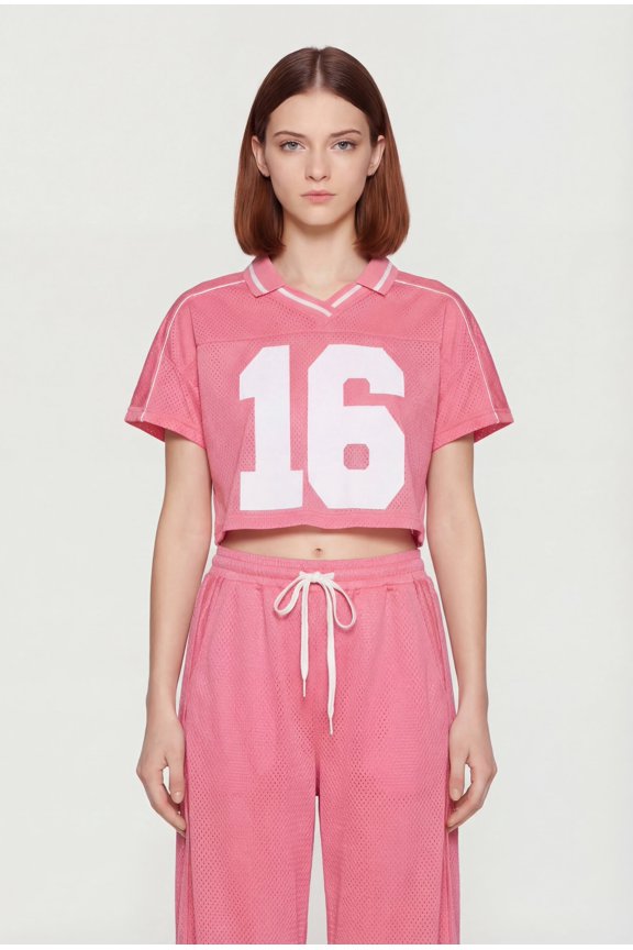 Women's Collared 16 Graphic Cropped Mesh Jersey