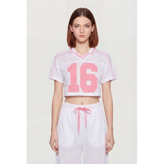 Women's Collared 16 Graphic Cropped Mesh Jersey