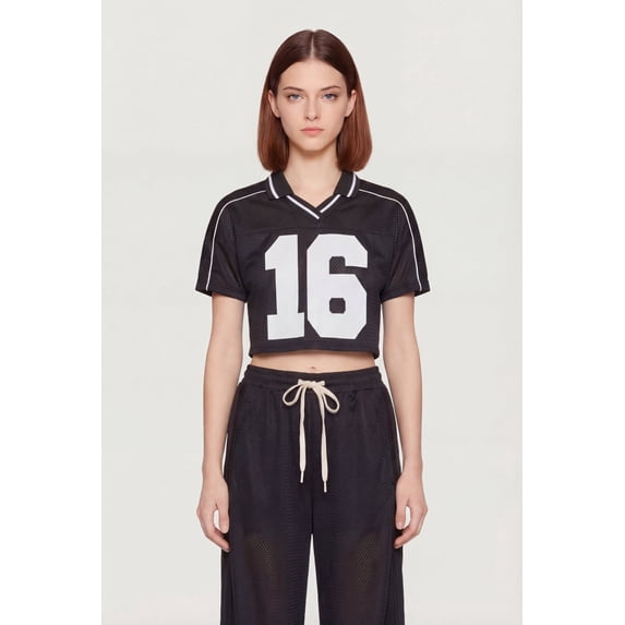 Women's Collared 16 Graphic Cropped Mesh Jersey