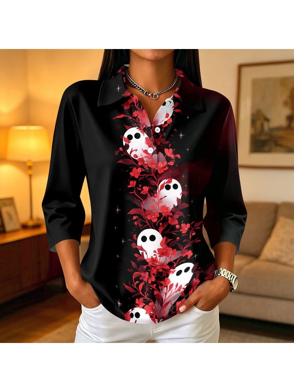 Women's Collared 3/4 Sleeve Button Down Shirt Casual Halloween Graphic Blouse Top