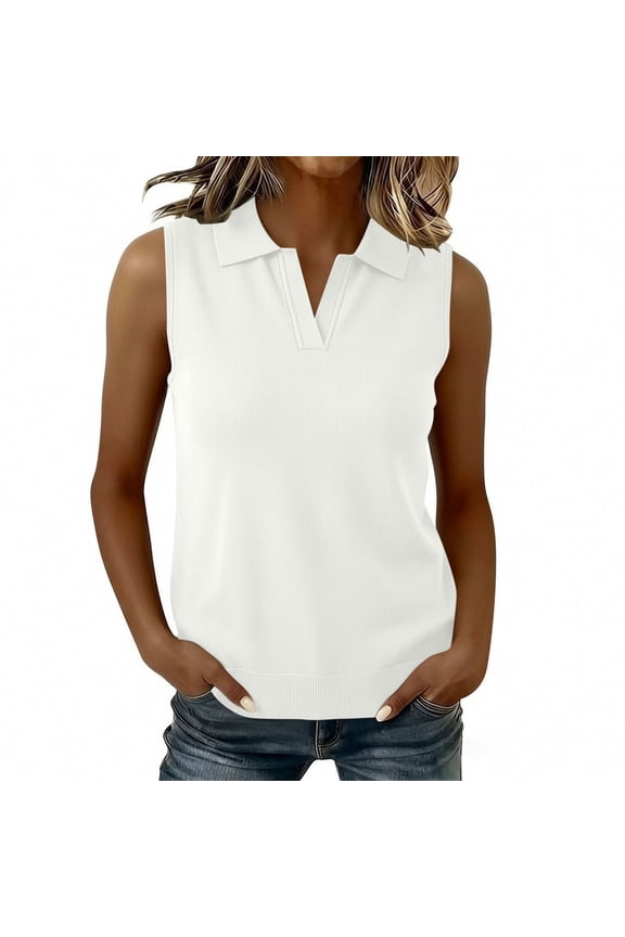 Women's Collared Banded Bottom Tank Top Summer Loose Fit V-Neck Sleeveless Shirts Stretch Comfy Going Out Tee Tank White