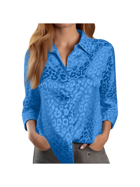 Women's Collared Button Down Leopard Print Elegant Commuter Long Sleeve Blouse Soft Lightweight Fabric Chic Patterned Top