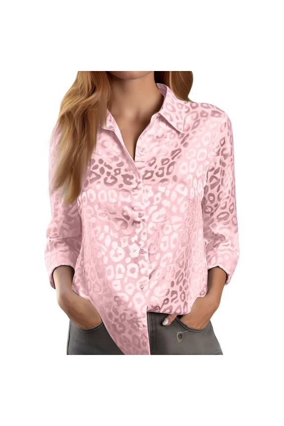 Women's Collared Button Down Leopard Print Elegant Commuter Long Sleeve Blouse Soft Lightweight Fabric Chic Patterned Top