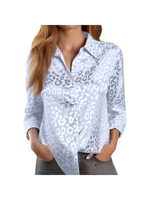 Women's Collared Button Down Leopard Print Elegant Commuter Long Sleeve Blouse Soft Lightweight Fabric Chic Patterned Top