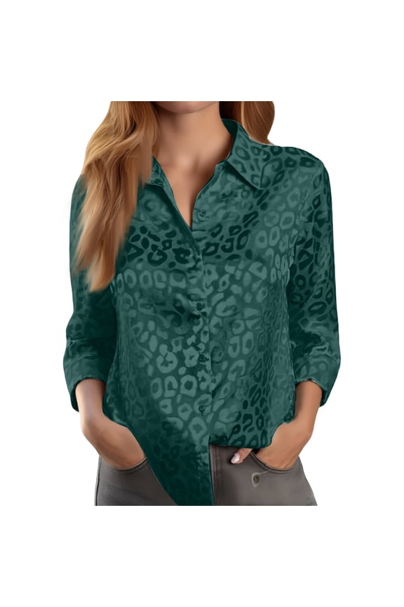 Women's Collared Button Down Leopard Print Elegant Commuter Long Sleeve Blouse Soft Lightweight Fabric Chic Patterned Top