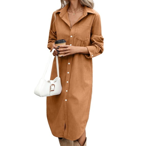 Women's Collared Button Down Long Sleeve Corduroy Shirt Dress Brown XXL