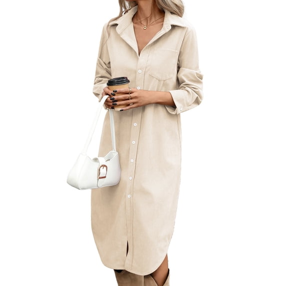 Women's Collared Button Down Long Sleeve Corduroy Shirt Dress Color L