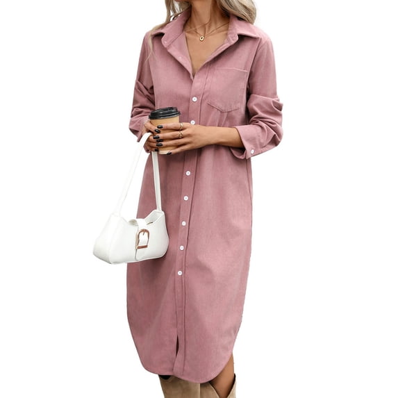 Women's Collared Button Down Long Sleeve Corduroy Shirt Dress Leather Powder XL