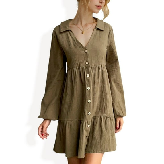 Women's Collared Button-Down Tiered Mini Dress with Long Sleeves - Small, Olive Green